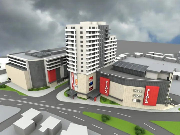 Turn de locuințe și centru comercial, randare 3D 1