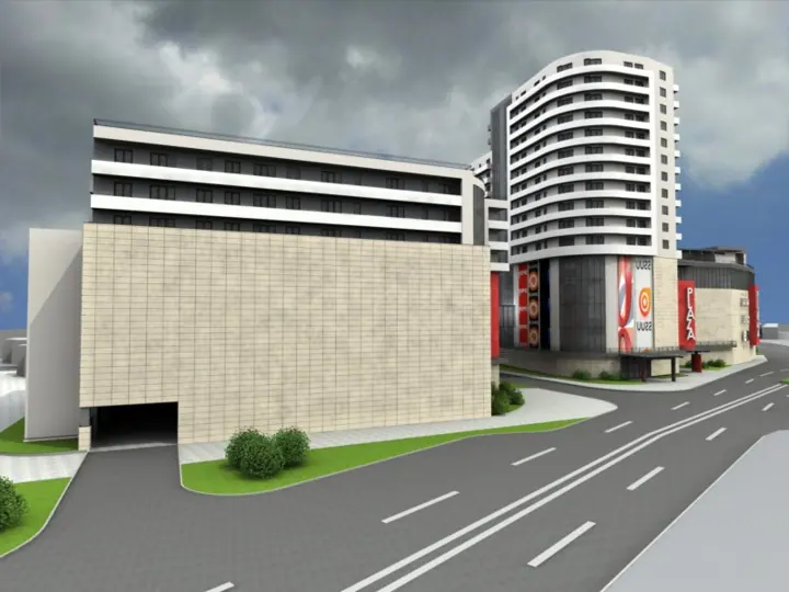 Turn de locuințe și centru comercial, randare 3D 3