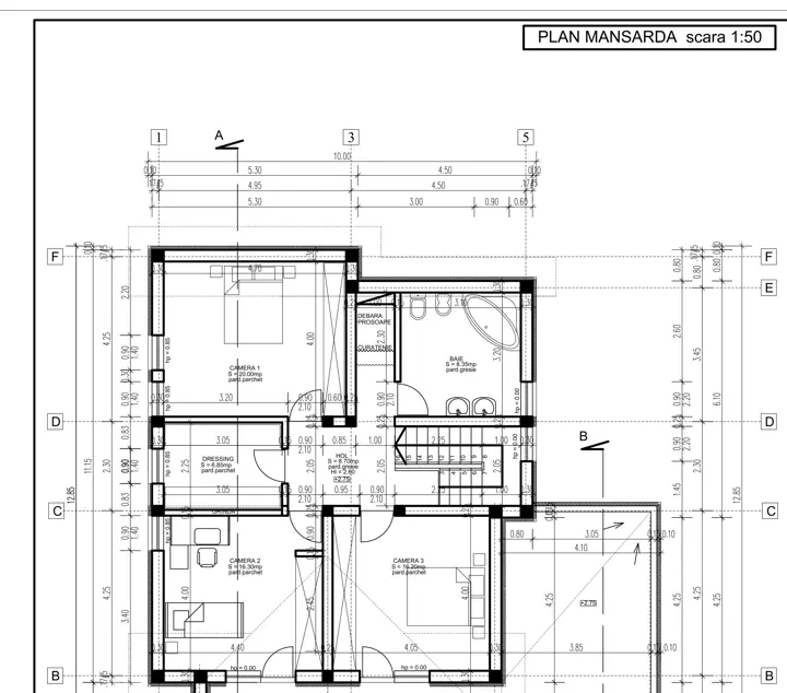 Locuință unifamilială cu mansardă, planșă din proiect